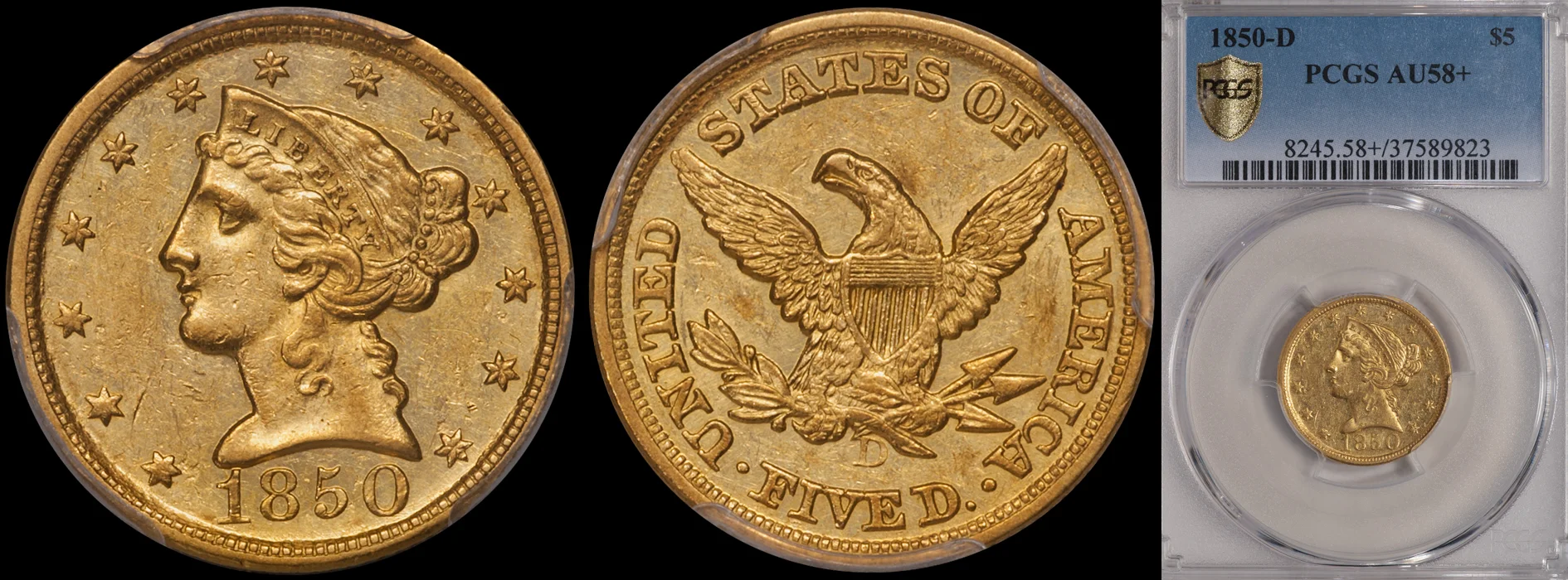 Half Eagle. 1850-D Dahlonega $5 gold coin. PCGS AU58+.