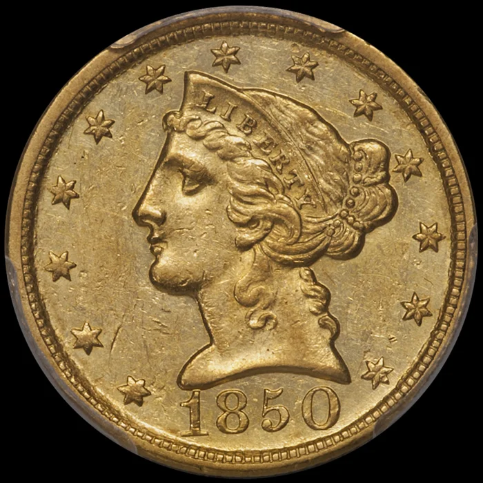 Half Eagle. 1850-D Dahlonega $5 gold coin. PCGS AU58+.