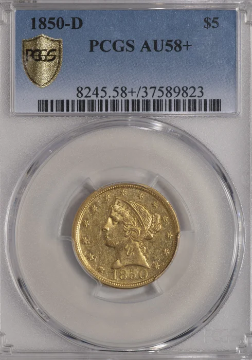 Half Eagle. 1850-D Dahlonega $5 gold coin. PCGS AU58+.