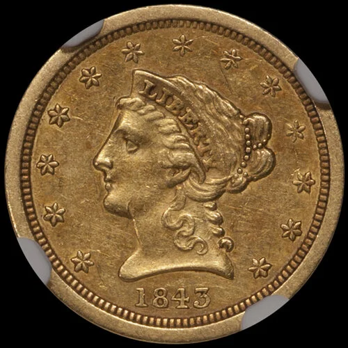 Quarter Eagle. 1843-O New Orleans $2.50 gold coin. Small Date. NGC AU58 CAC.
