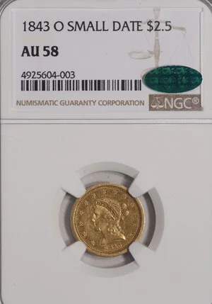 Quarter Eagle. 1843-O New Orleans $2.50 gold coin. Small Date. NGC AU58 CAC.