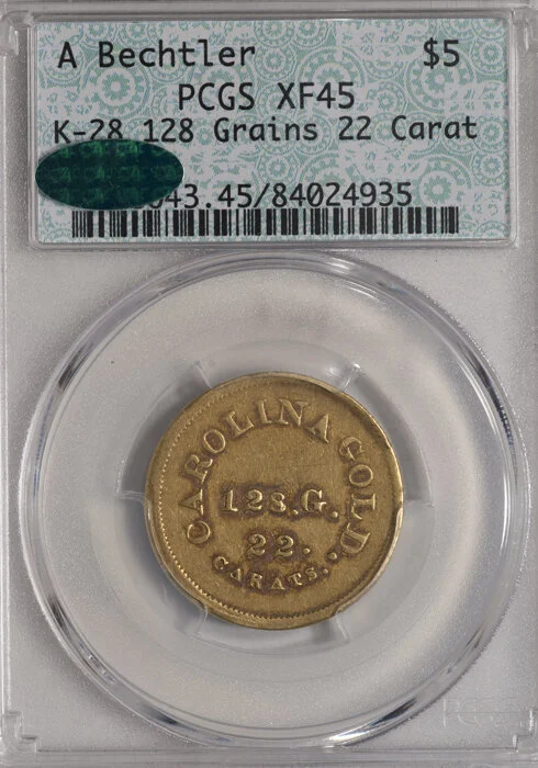 A. Bechtler $5.00 gold coin. PCGS EF45 CAC. K-28. 128 gr, 22 carat.