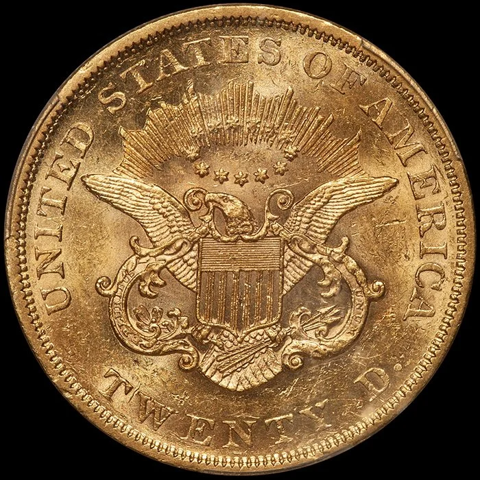 Double Eagle. 1859 $20 gold coin. PCGS MS60.