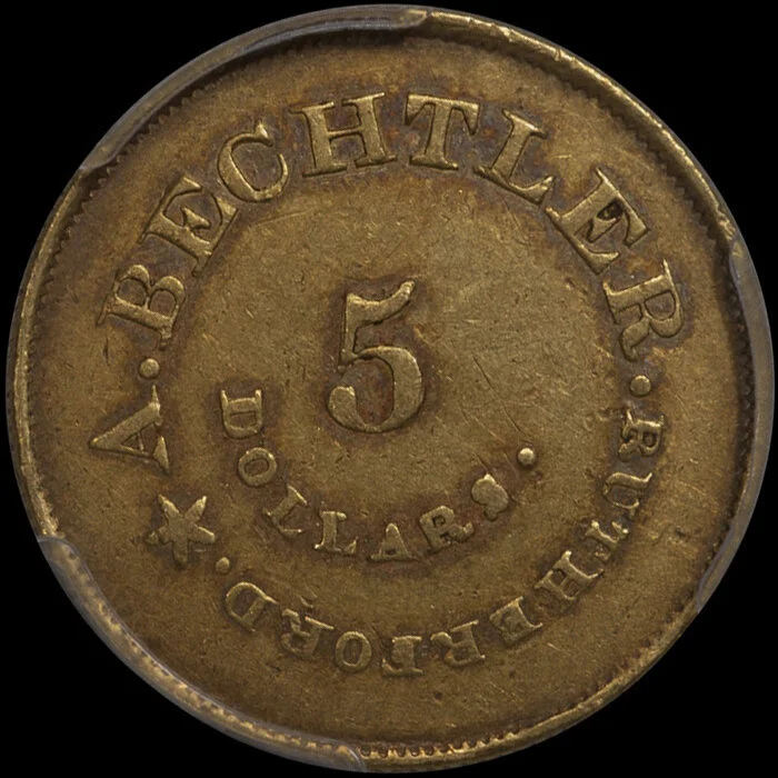 A. Bechtler $5.00 gold coin. PCGS EF45 CAC. K-28. 128 gr, 22 carat.