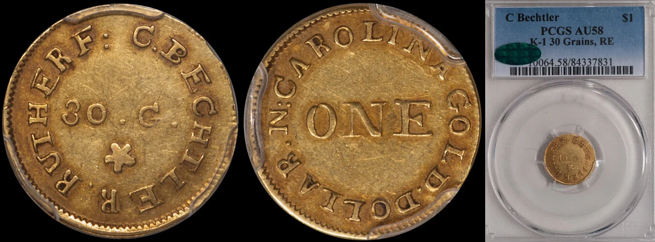 C. Bechtler Gold Dollar. PCGS AU58 CAC. K-1, 30 Grains, RE.