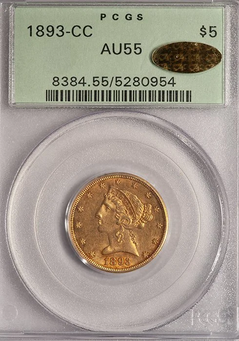 Half Eagle. 1893-CC Carson City $5 gold coin. PCGS AU55. CAC Gold Sticker. OGH.