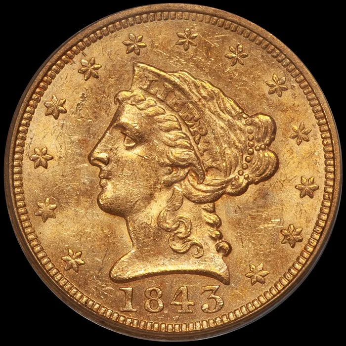 Quarter Eagle. 1843 $2.50 gold coin. PCGS MS62 CAC.