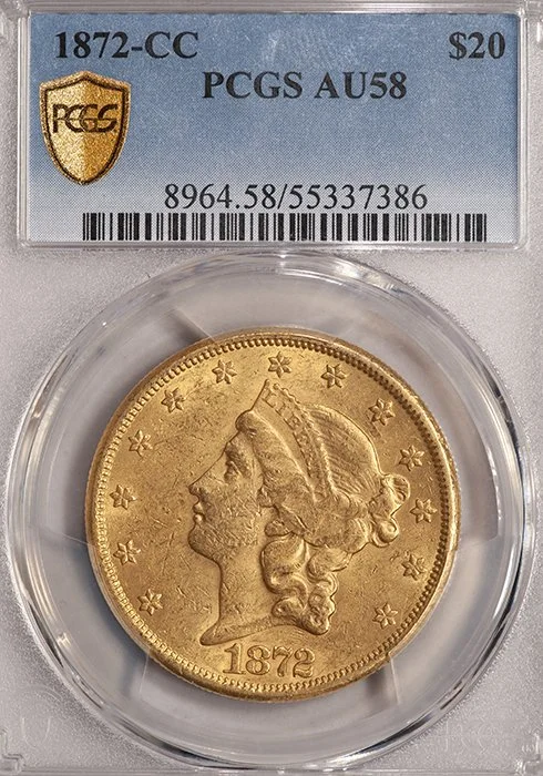 Double Eagle. 1872-CC Carson City $20 gold coin. PCGS AU58.