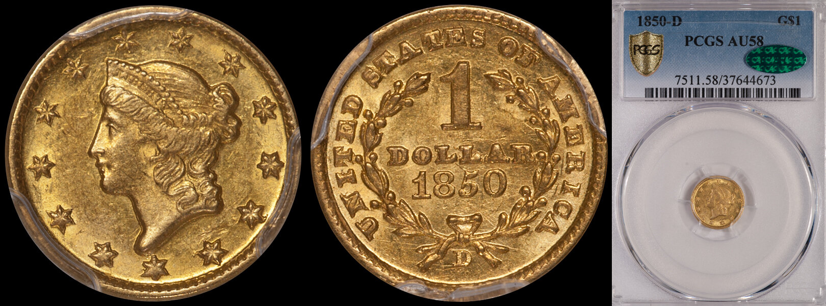 SOLD - $1.00 - 1850-D PCGS AU58 CAC