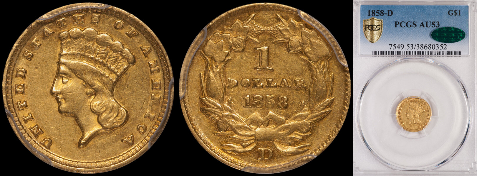SOLD - $1.00 - 1858-D PCGS AU53 CAC