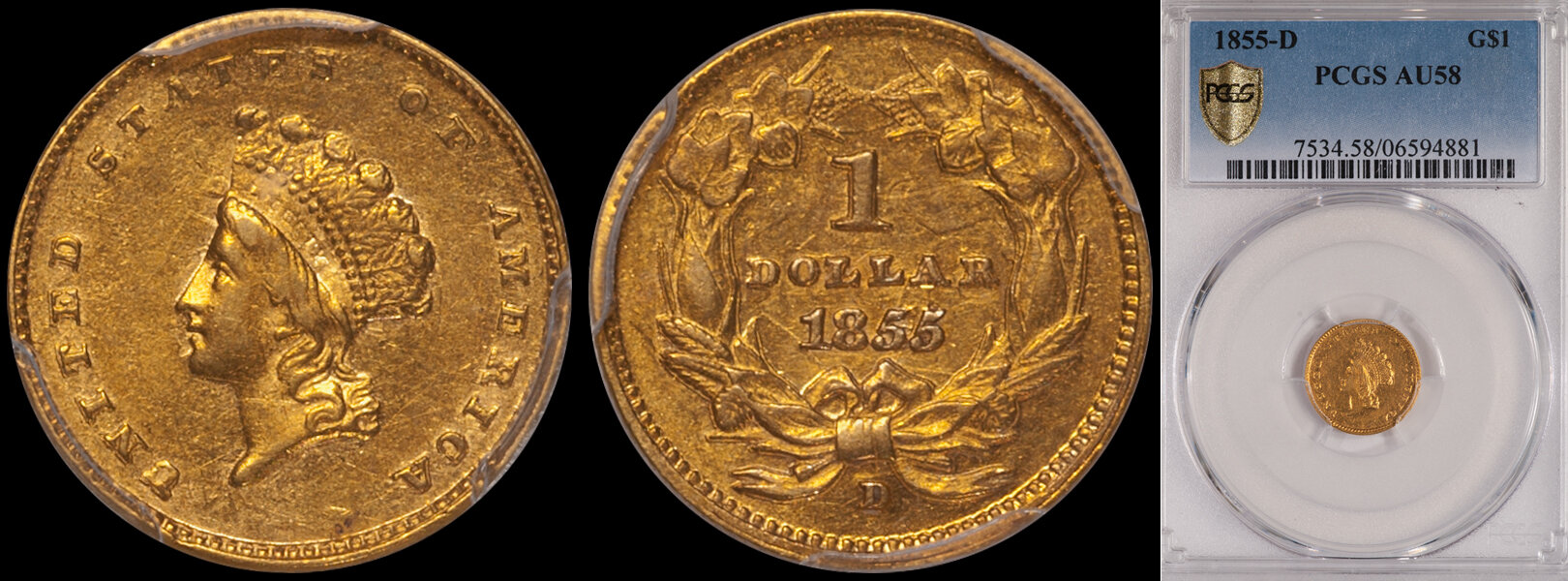 SOLD - $1.00 - 1855-D PCGS AU58