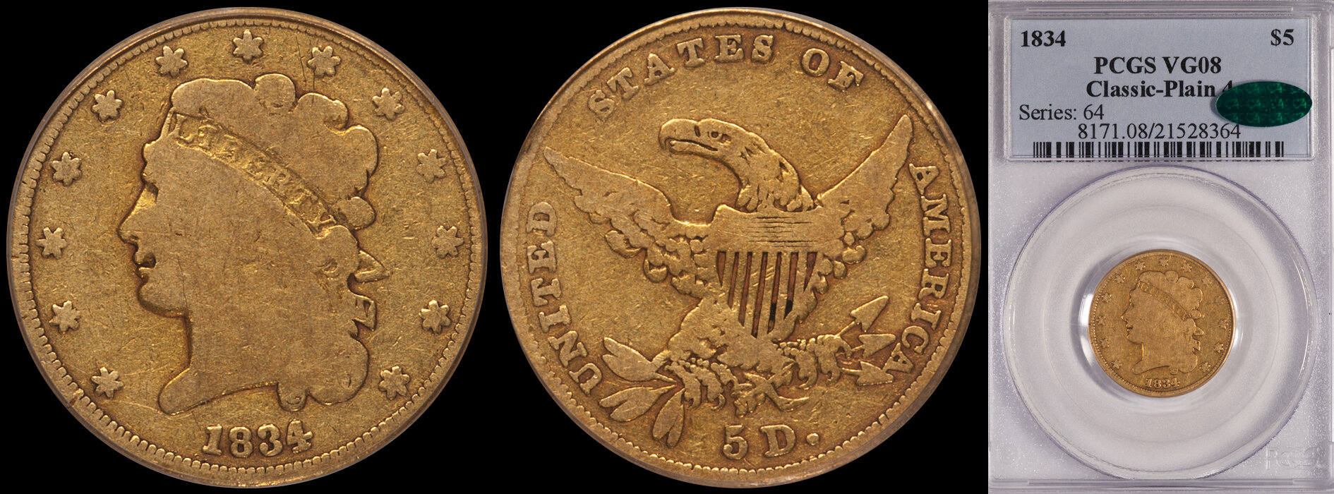 SOLD - $5.00 - 1834 Plain 4 PCGS VG08 CAC