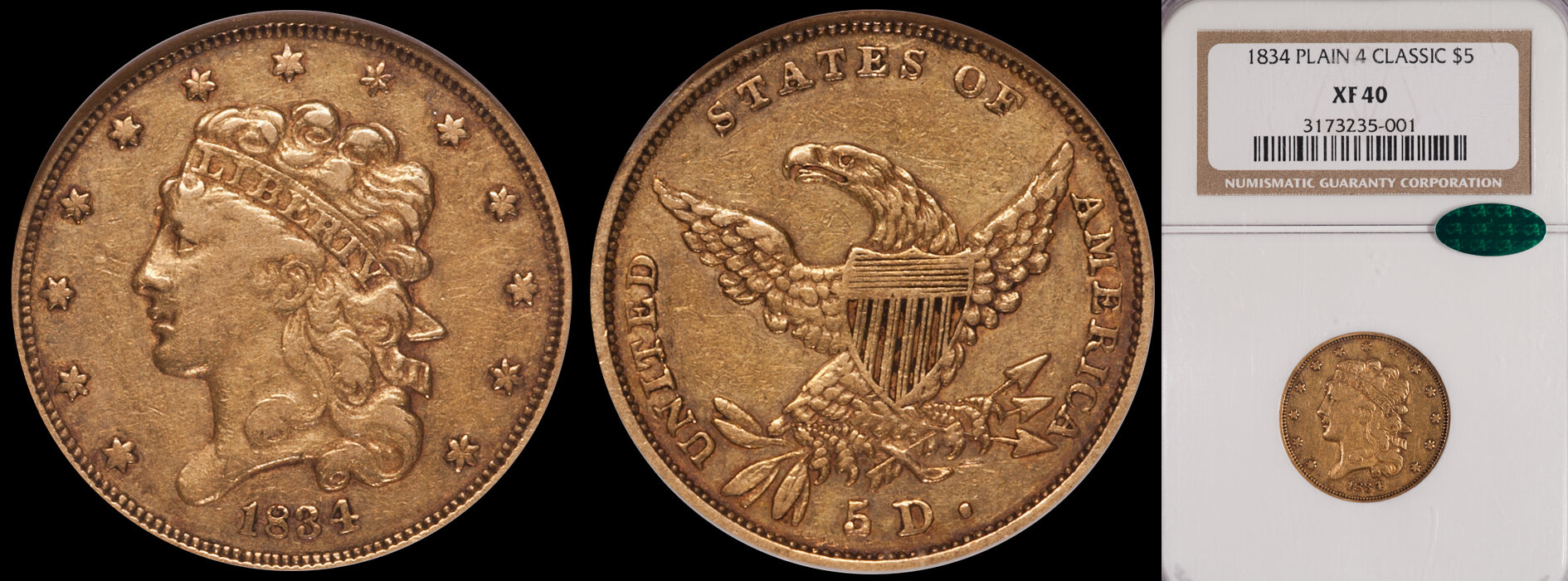 SOLD - $5.00 - 1834 Plain 4 NGC EF40 CAC