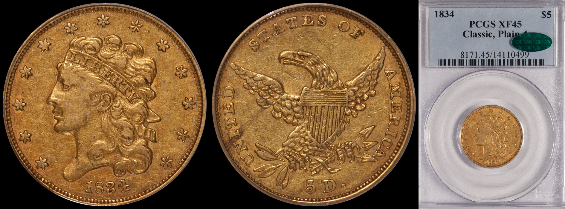 SOLD - $5.00 - 1834 Plain 4 PCGS EF45 CAC