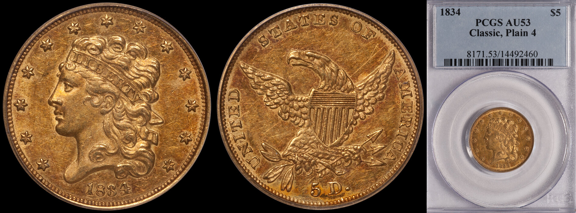 SOLD - $5.00 - 1834 Plain 4 PCGS AU53