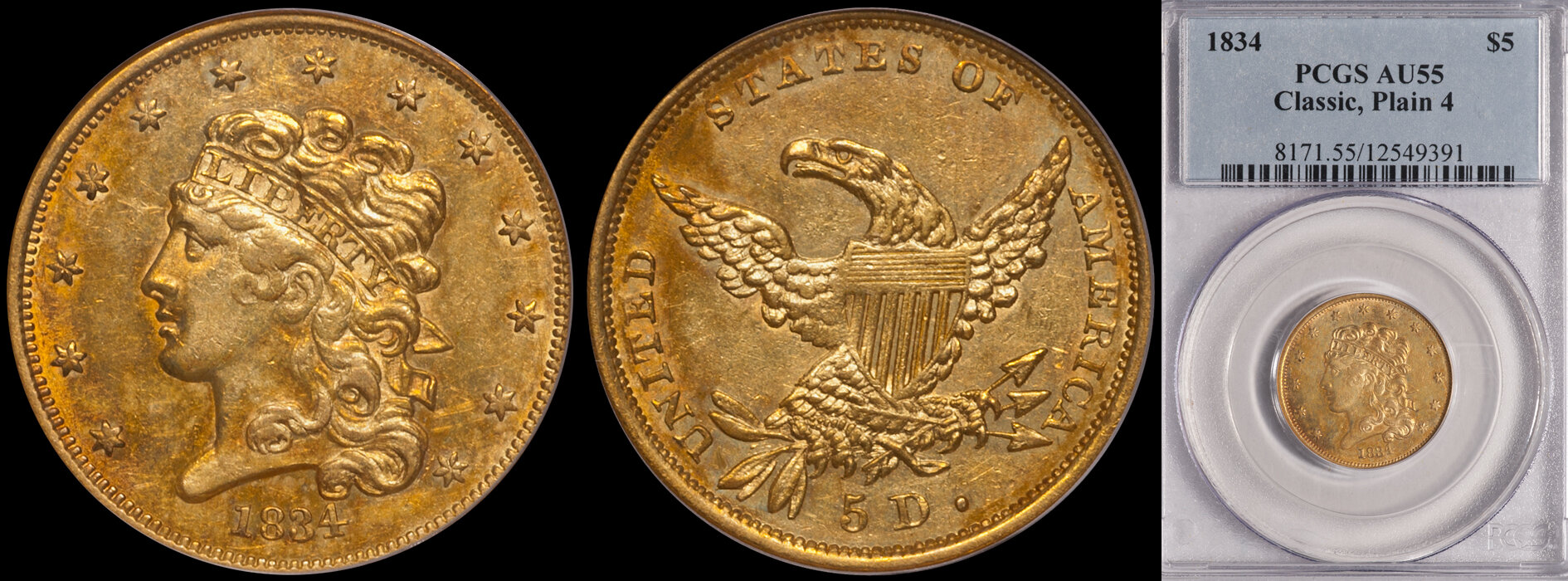 SOLD - $5.00 - 1834 Plain 4 PCGS AU55