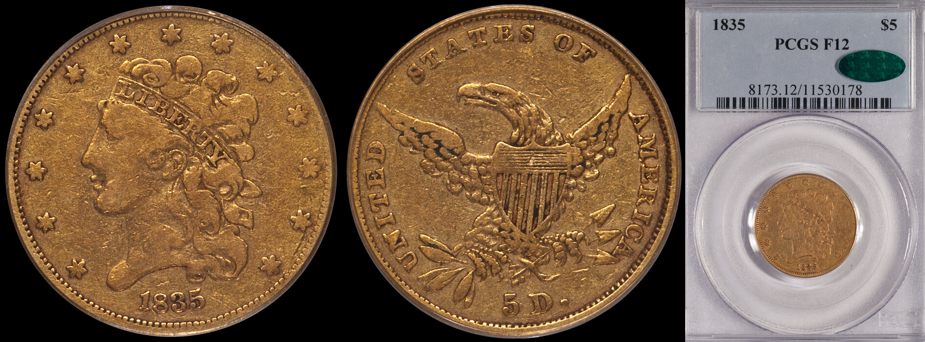 SOLD - $5.00 - 1835 PCGS F12 CAC