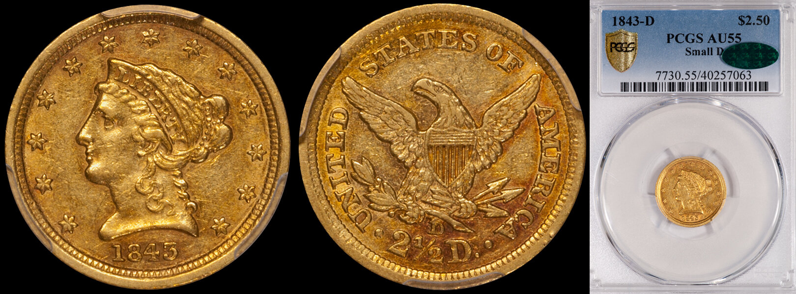 SOLD - $2.50 - 1843-D Small D PCGS AU55 CAC