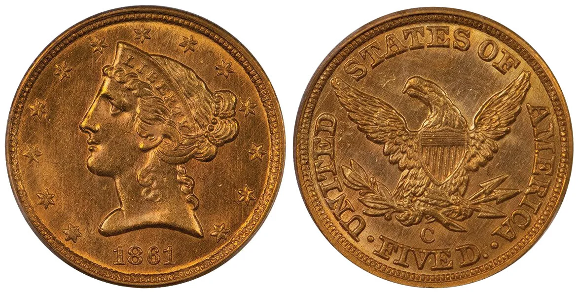 1861-C $5.00 PCGS MS63 CAC, Big Mo Collection