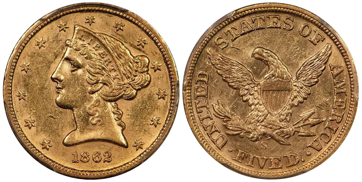 1862-S $5.00 PCGS MS61, Big Mo Collection