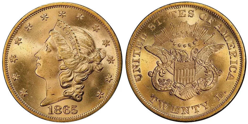 1865 $20.00 PCGS MS65 CAC, Big Mo Collection