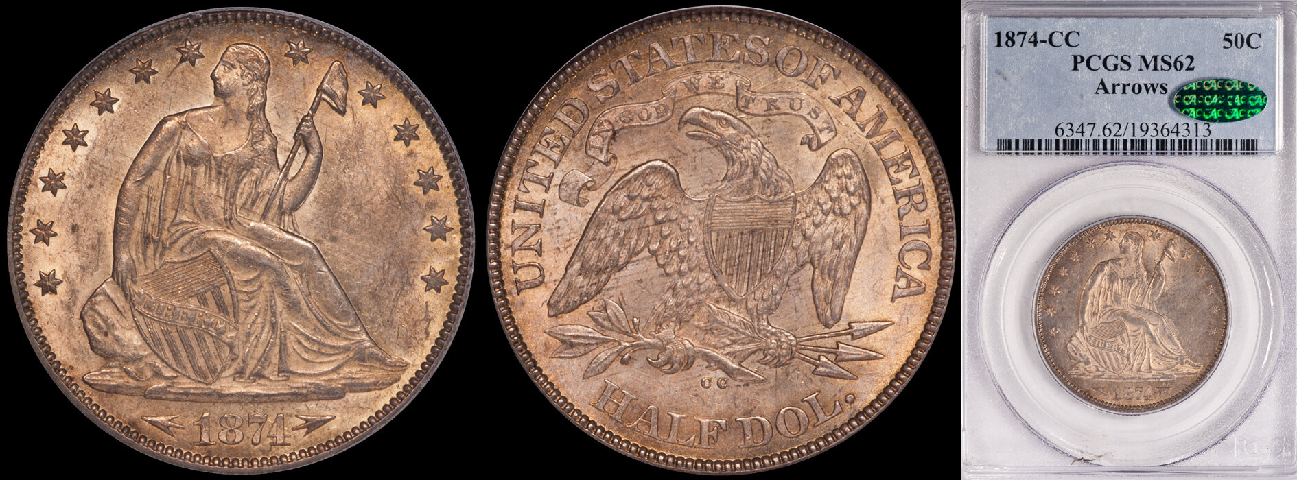 SOLD - 50₵ - 1874-CC Arrows PCGS MS62 CAC