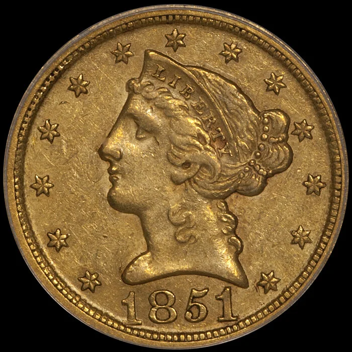 Half Eagle. 1851-D Dahlonega $5 gold coin. PCGS AU53 CAC.