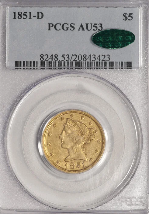 Half Eagle. 1851-D Dahlonega $5 gold coin. PCGS AU53 CAC.