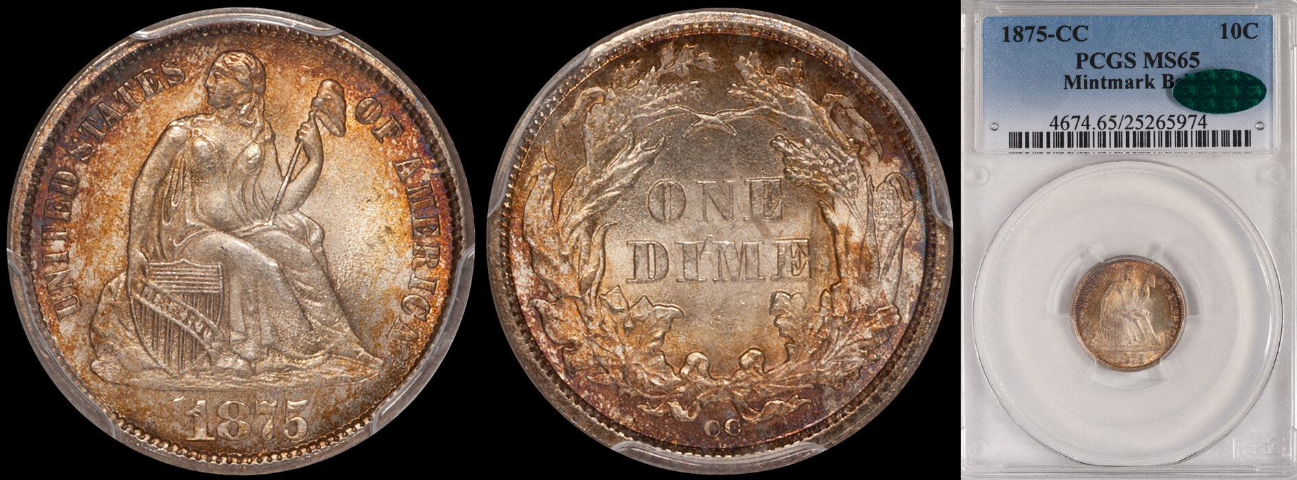 SOLD - 10C - 1875-CC Mintmark Below PCGS MS65 CAC