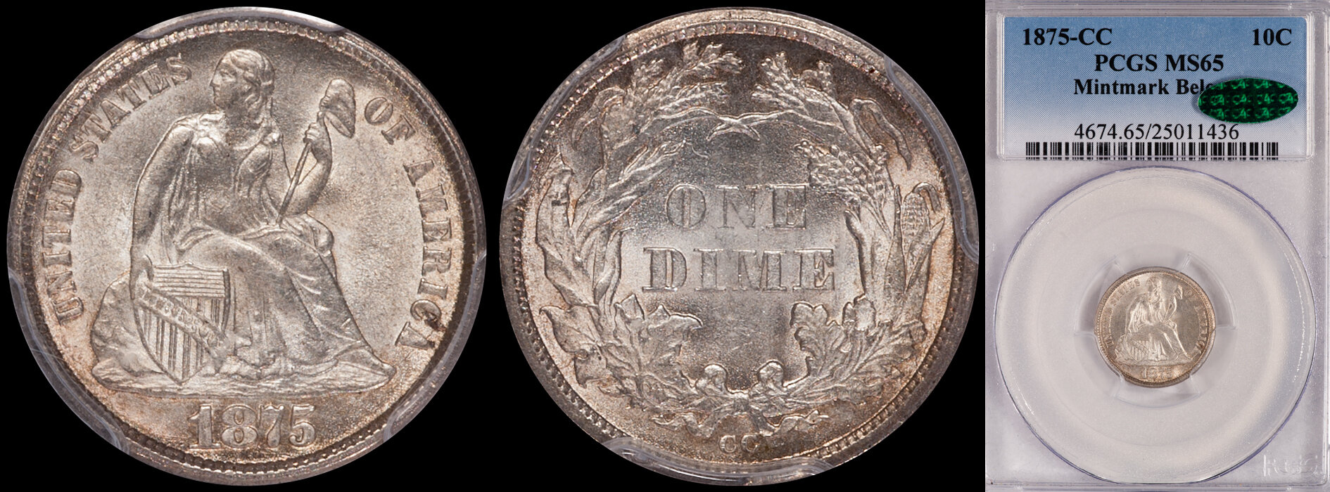 SOLD - 10C - 1875-CC Mintmark Below PCGS MS65 CAC