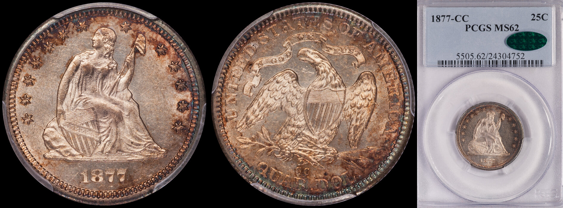 SOLD - 25C - 1877-CC PCGS MS62 CAC