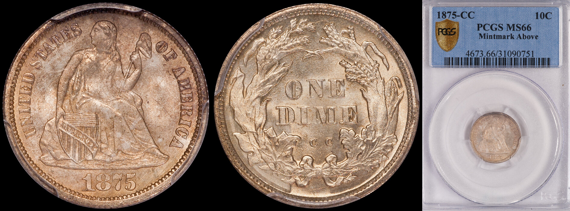 SOLD - 10C - 1875-CC PCGS MS66, Mintmark Above