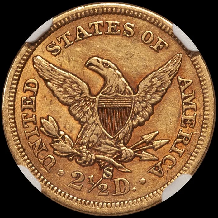 Quarter Eagle. 1856-S San Francisco $2.50 gold coin. NGC AU58 CAC.