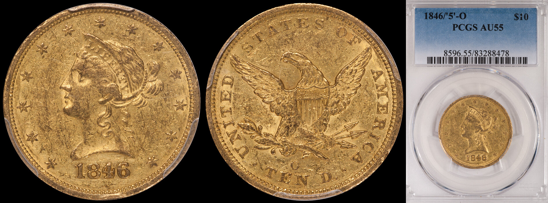 SOLD - $10.00 - 1846/'5'-O PCGS AU55