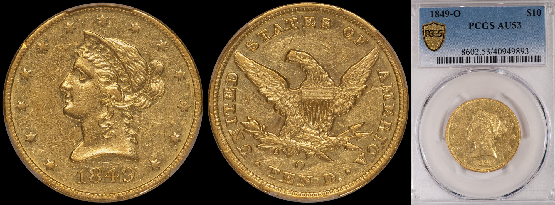 SOLD - $10.00 - 1849-O PCGS AU53