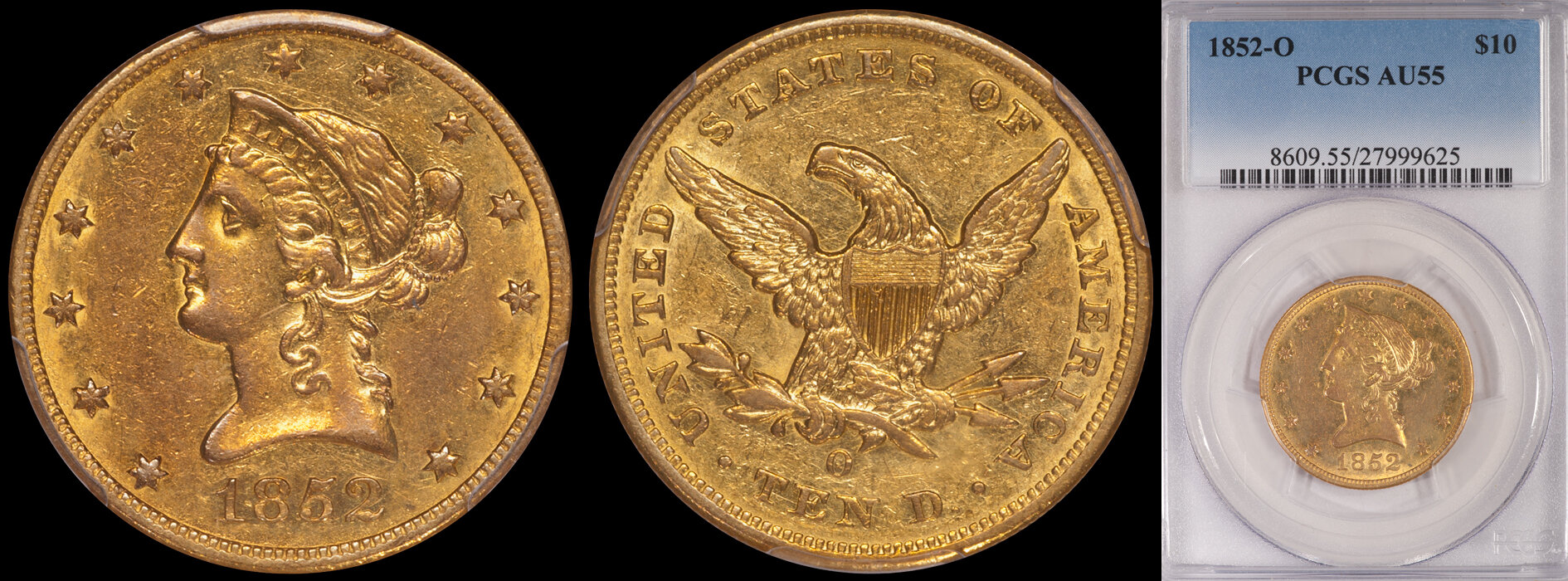 SOLD - $10.00 - 1852-O PCGS AU55