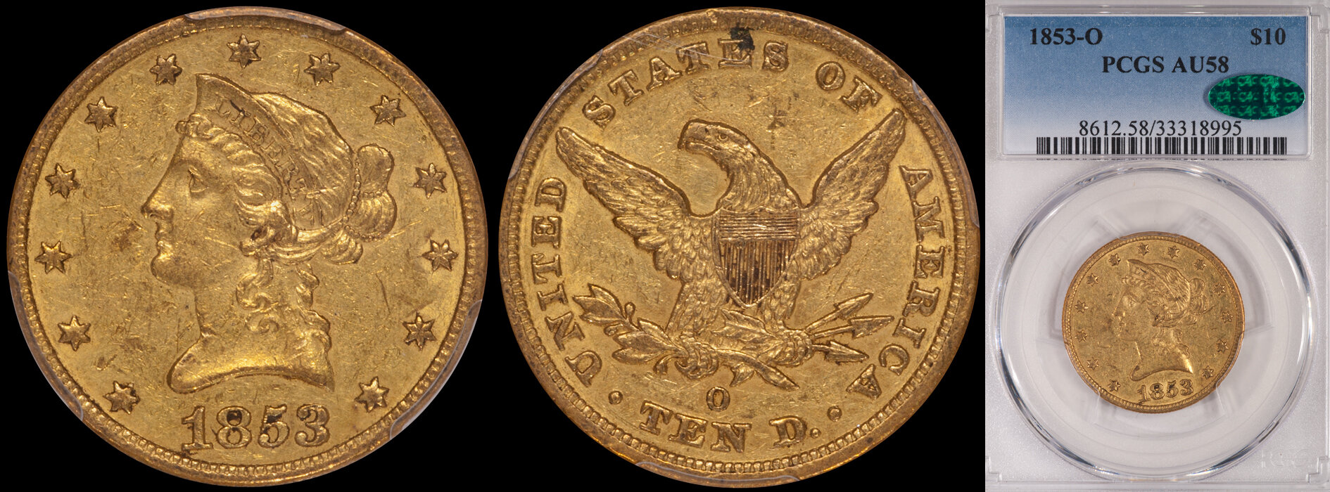 SOLD - $10.00 - 1853-O PCGS AU58 CAC