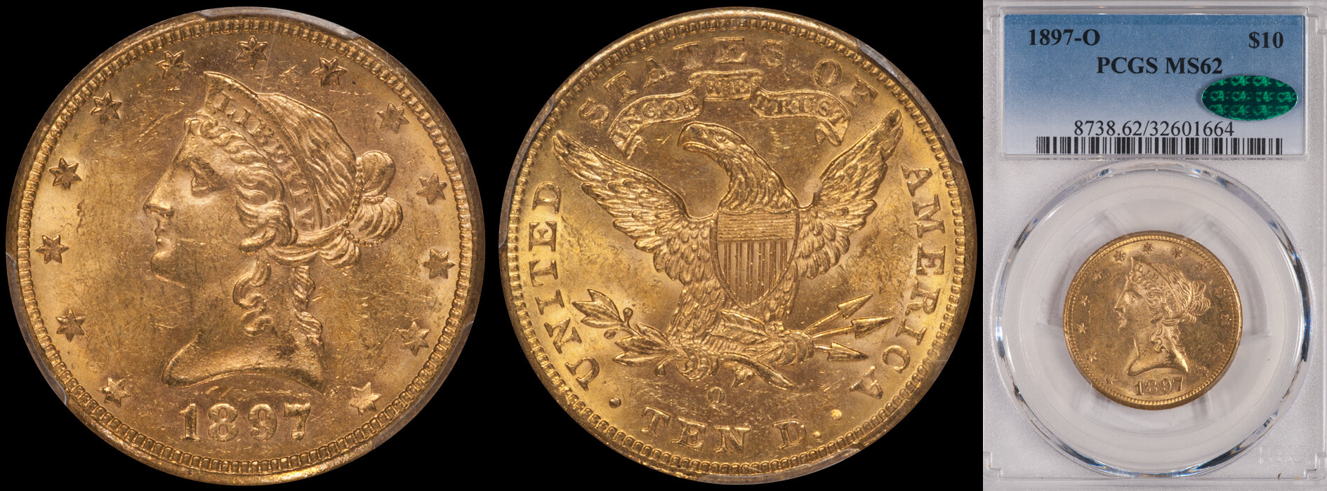 SOLD - $10.00 - 1897-O PCGS MS62 CAC