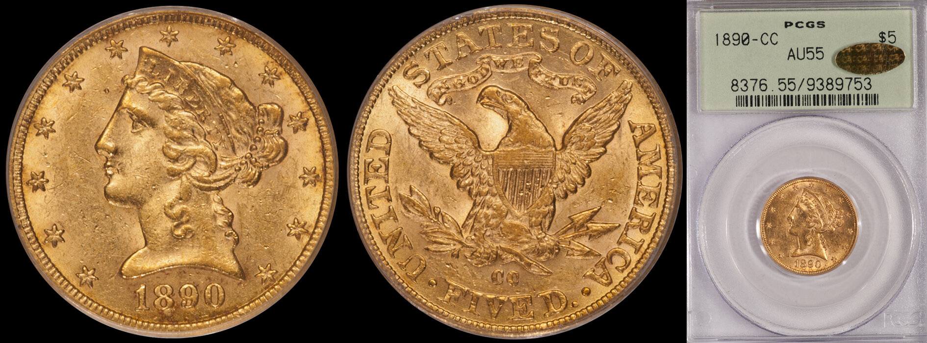 SOLD - $5.00 - 1890-CC PCGS AU55 CAC Gold Sticker, OGH