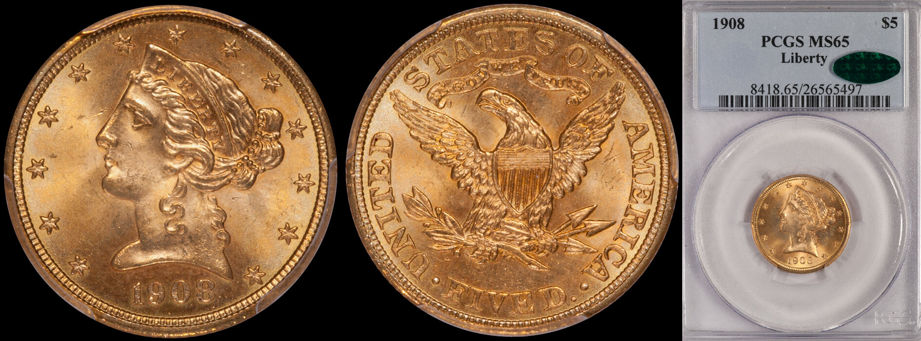 SOLD - $5.00 - 1908 Liberty PCGS MS65 CAC