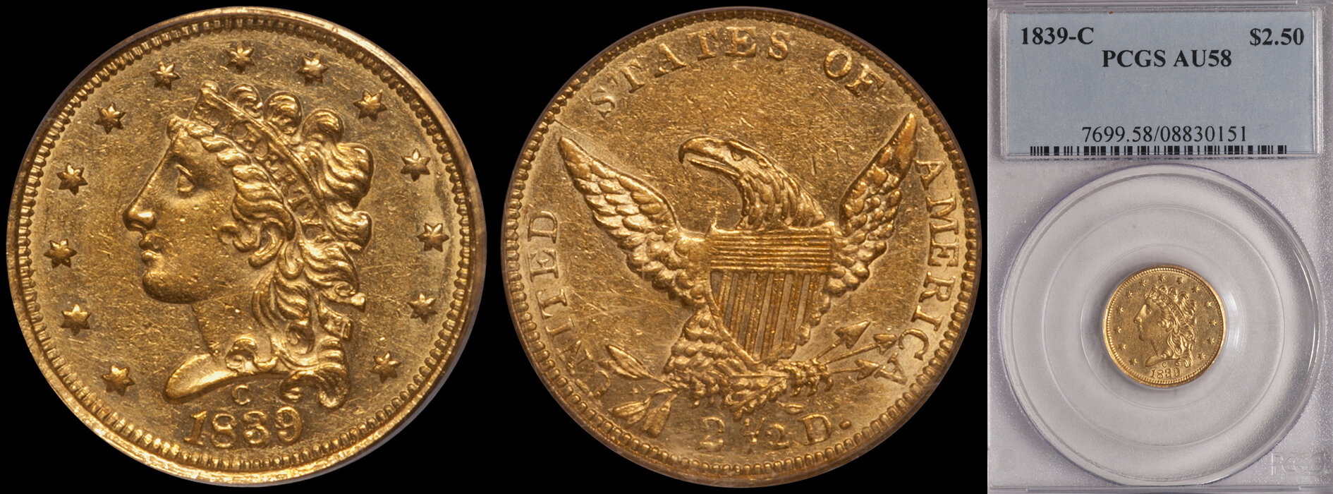 $2.50 - 1839-C PCGS AU58