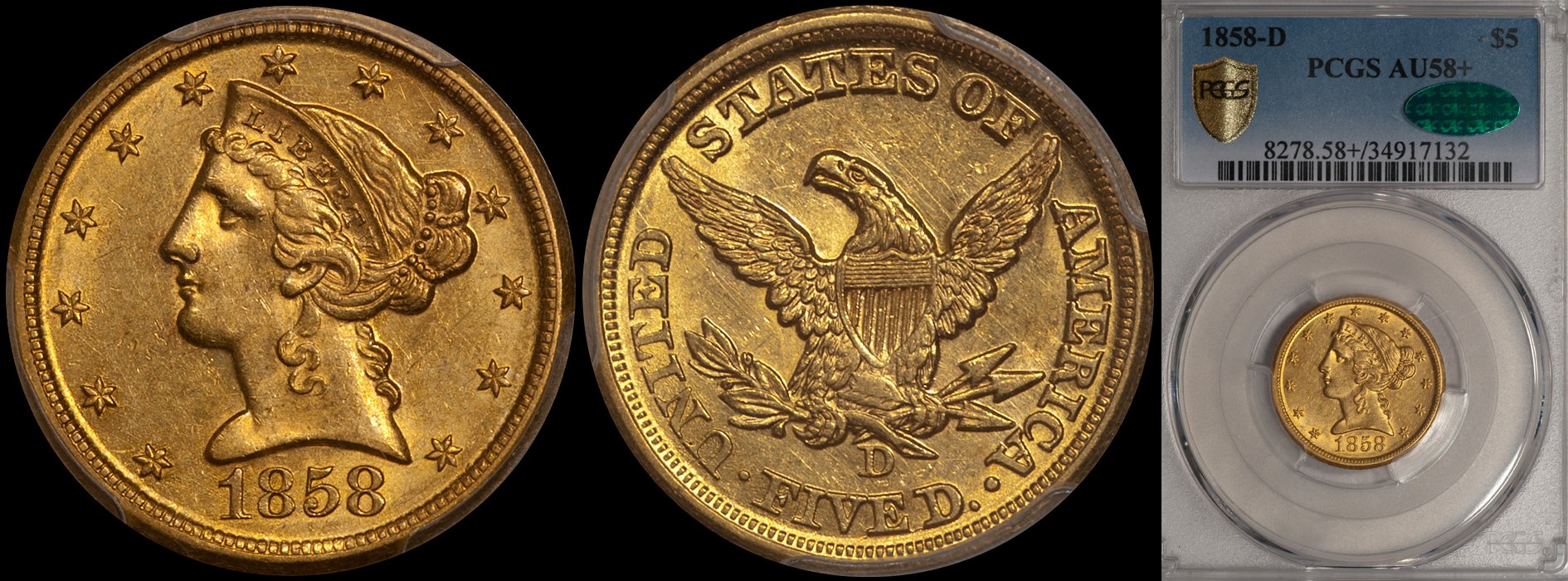 SOLD - $5.00 - 1858-D PCGS AU58+ CAC