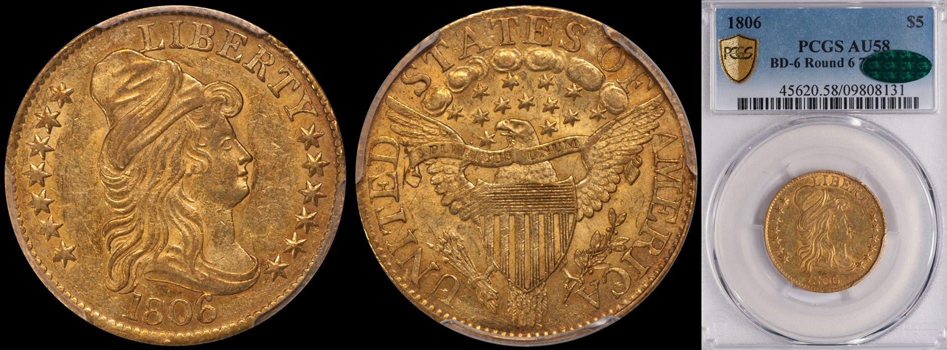 SOLD - $5.00 - 1806 Round 6, 7x6 Stars, PCGS AU58 CAC