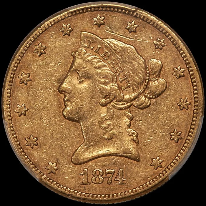 Eagle. 1874-CC Carson City $10 gold coin. PCGS EF45 CAC.