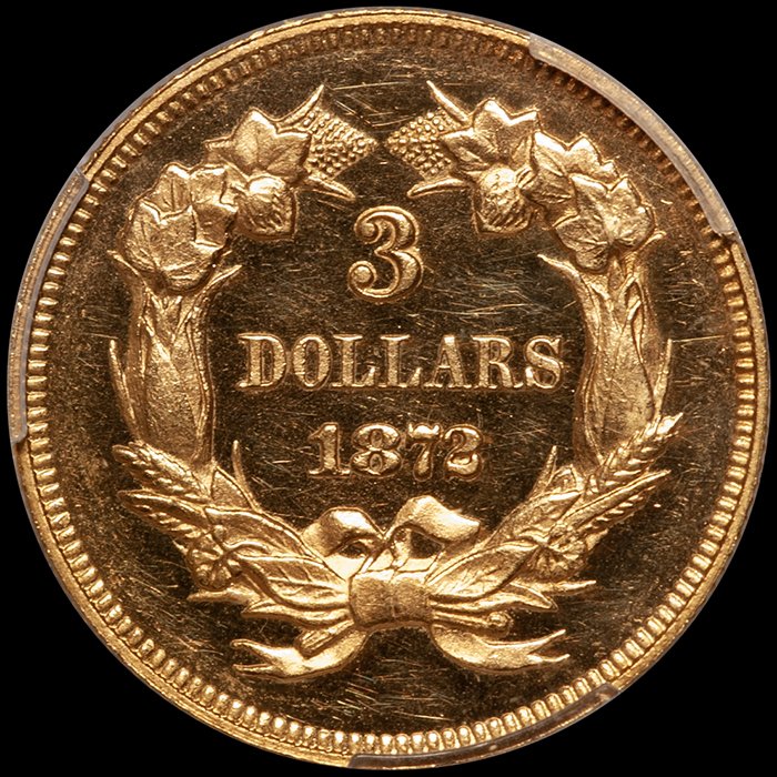 Three Dollars. 1872 $3 gold coin. PCGS PR62 Cameo.