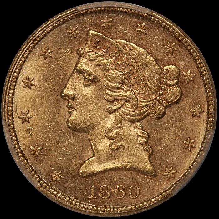 Half Eagle. 1860 $5 gold coin. PCGS MS63.