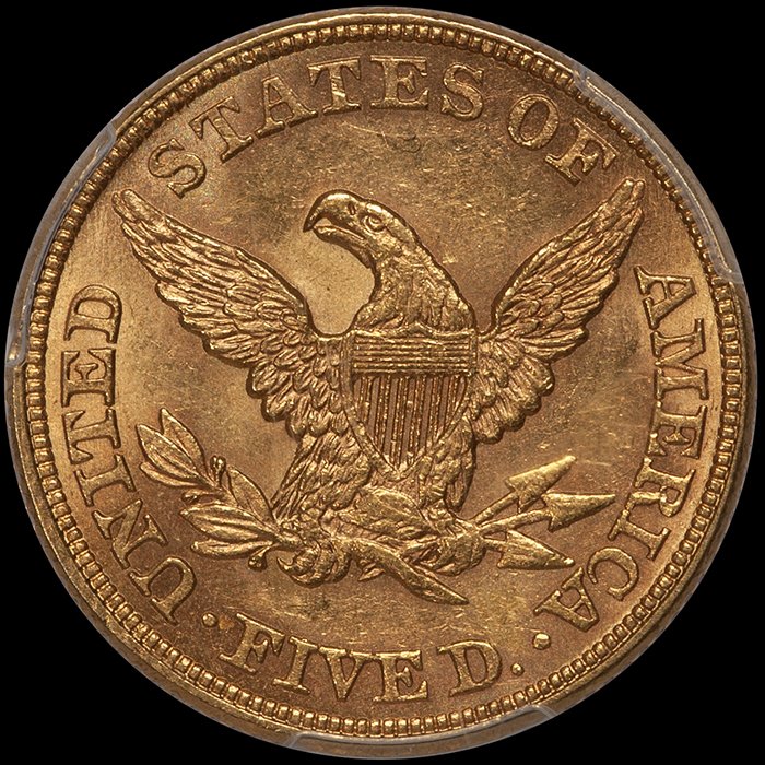 Half Eagle. 1860 $5 gold coin. PCGS MS63.