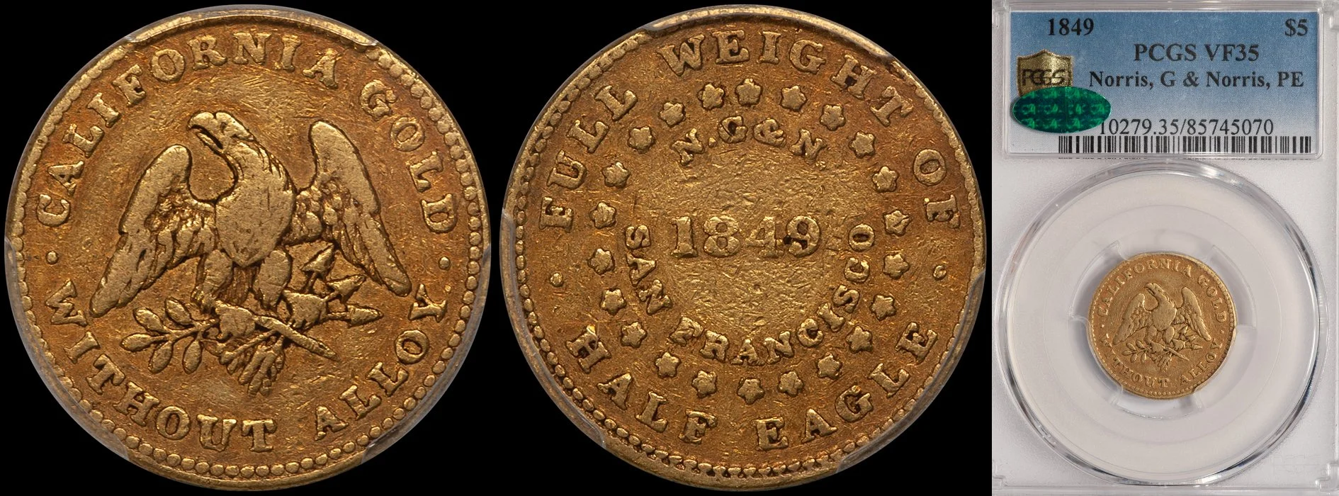 ON HOLD - $5.00 - 1849 PCGS VF35 CAC, Norris, G & Norris PE