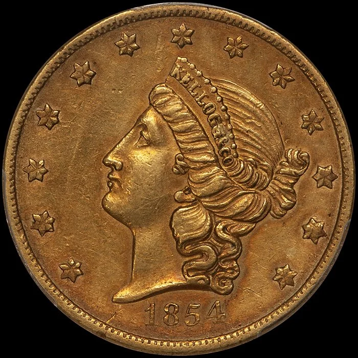 Double Eagle. 1854 Kellogg $20.00 gold coin. PCGS AU50 CAC.