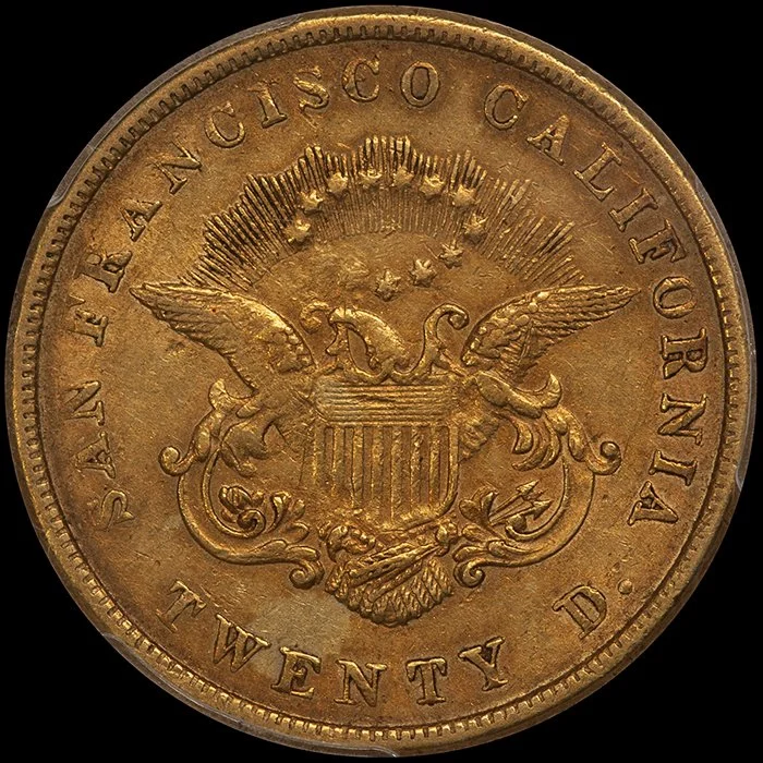 Double Eagle. 1854 Kellogg $20.00 gold coin. PCGS AU50 CAC.